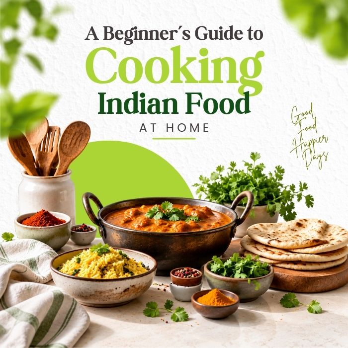 Beginner cooking Indian food at home with spices and ingredients 